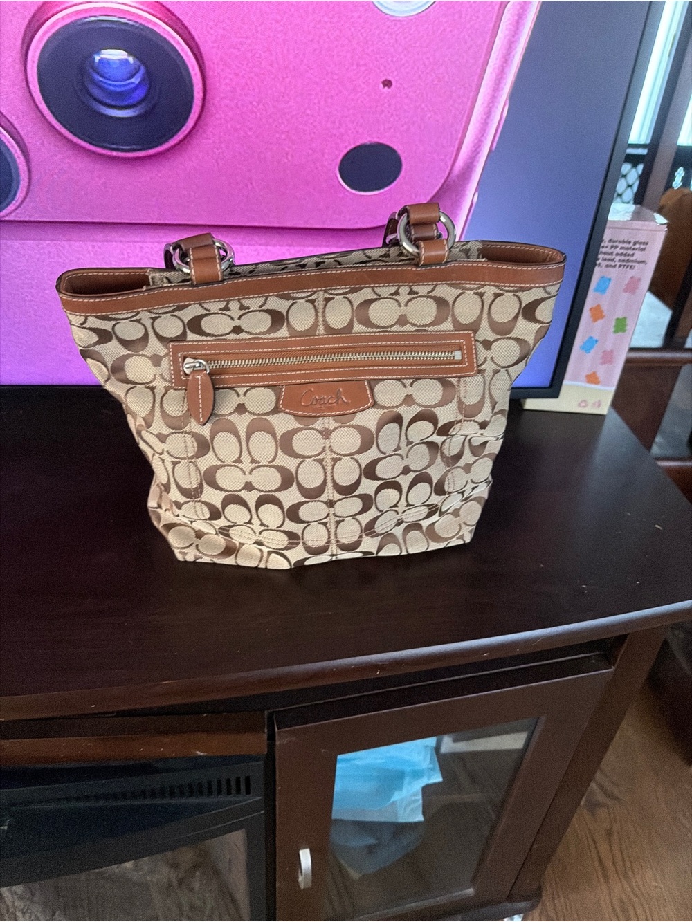 Coach Khaki & Cream Signature Tote with Brown Trim